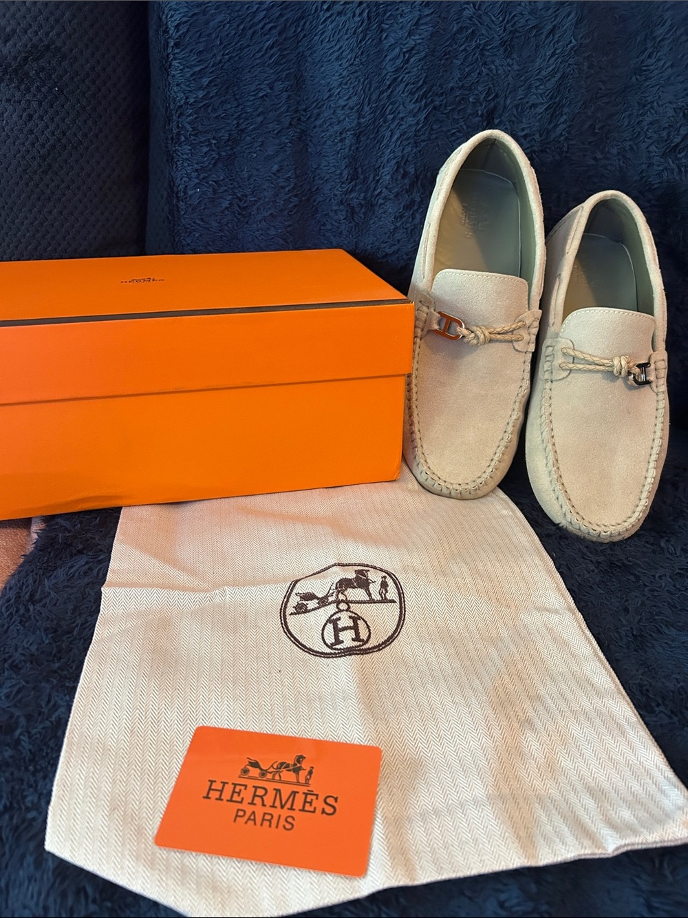 Hermes Cream Suede Bit-Trim Driving Loafers